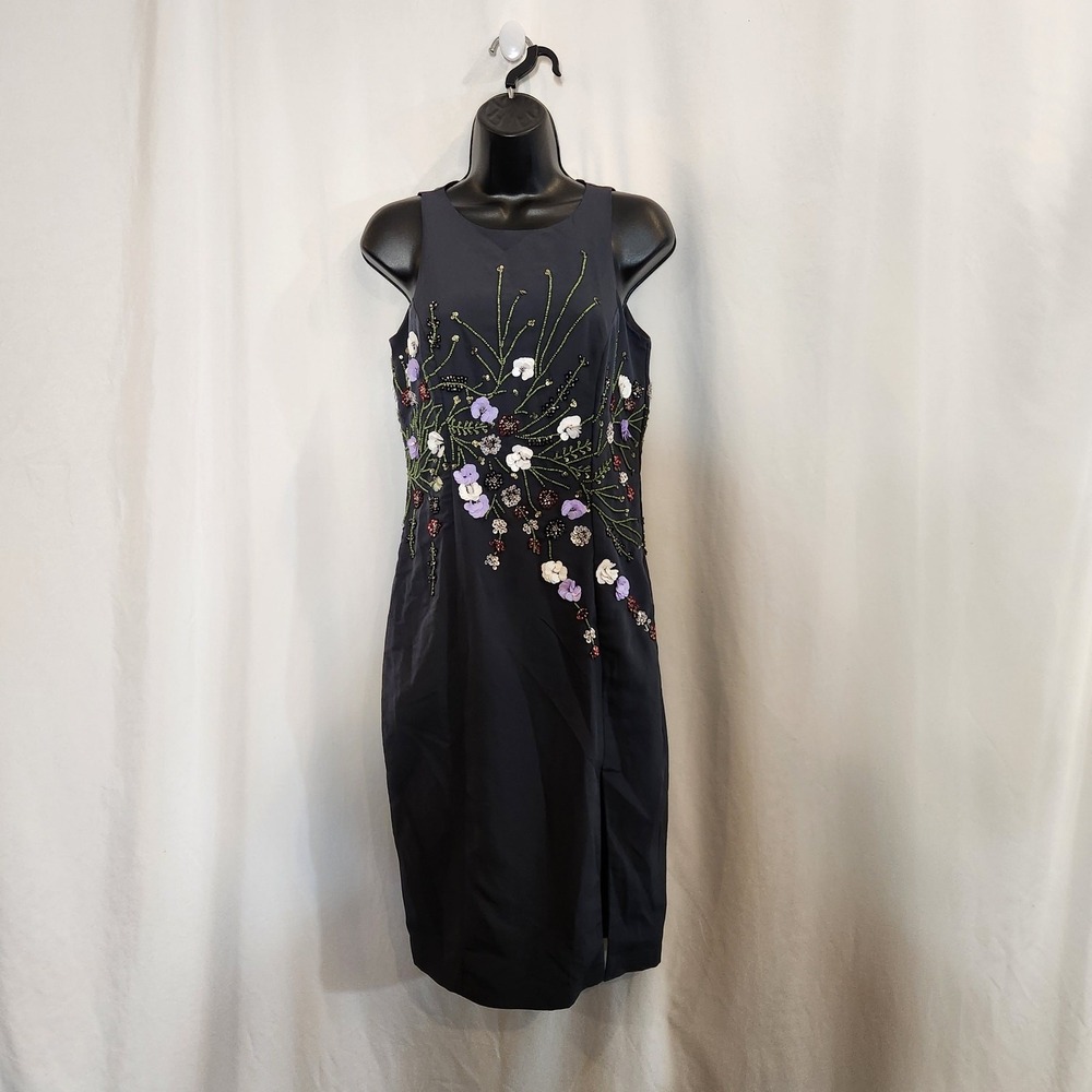 GIANNI BINI Slate Blue Multi Beads Sequins Floral Sleeveless Event Dress Women 4